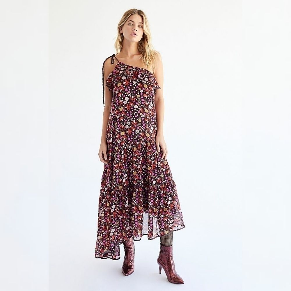 Free People Floral Head Over Heels One Shoulder Maxi Dress Brown Pink sz S NEW